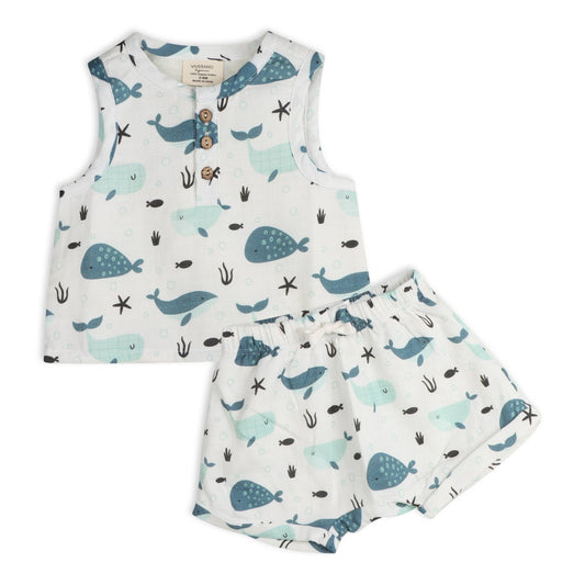 Whales Baby Top + Shorts Organic Muslin