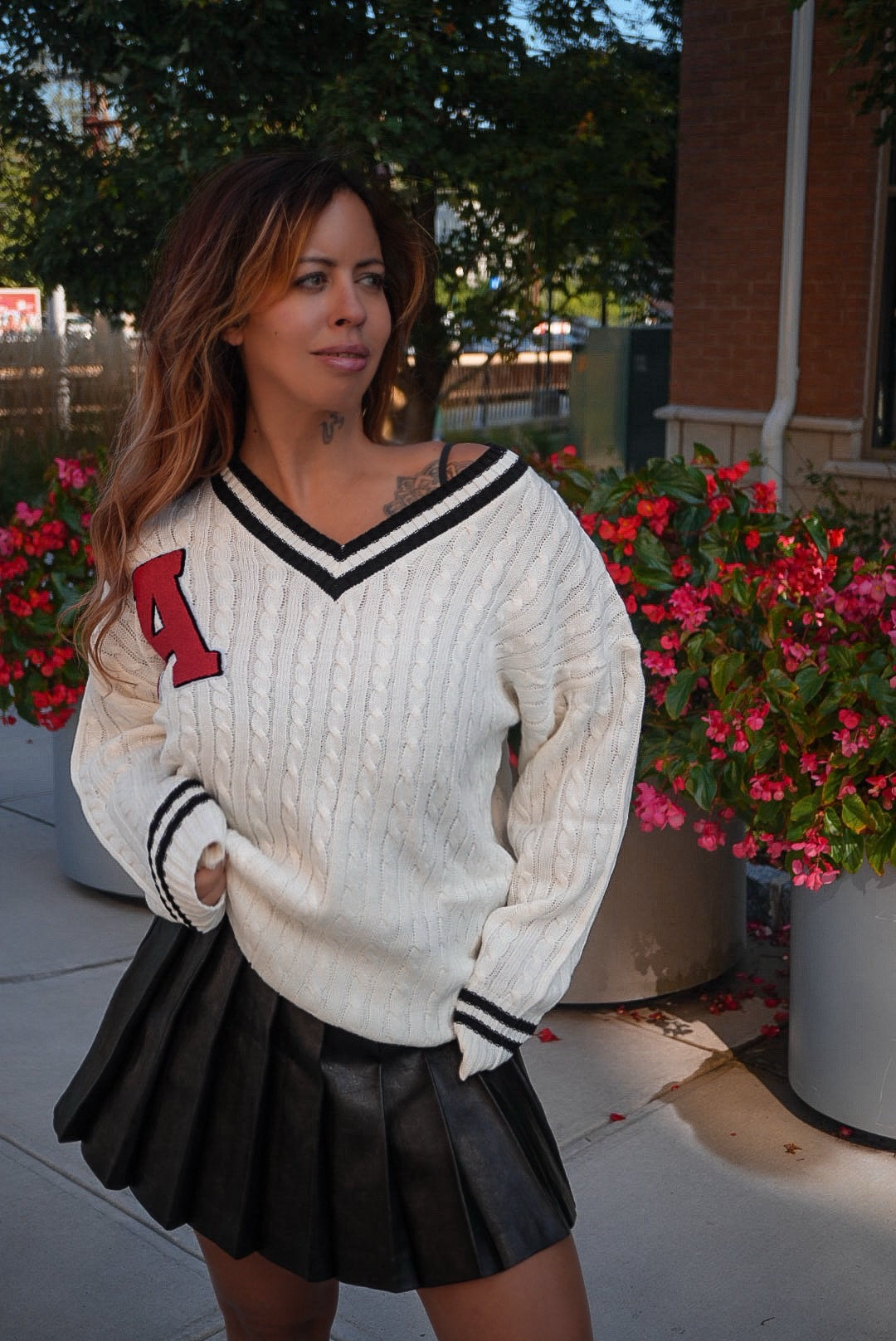 Give Me An “A” Varsity Cable Knit Sweater Dress
