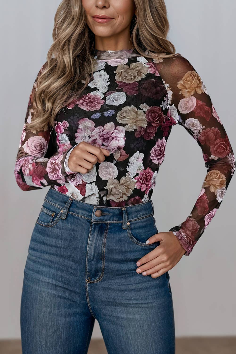 Juliet Floral Print Mock Neck Long Sleeve Opaque Mesh Top NEW