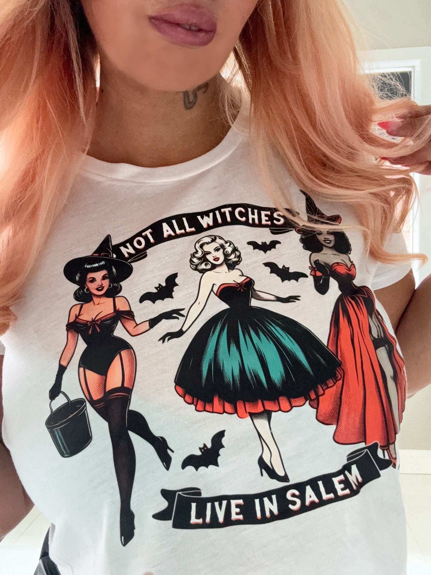 Not All Witches Live in Salem Cropped Halloween Graphic T-shirt NEW