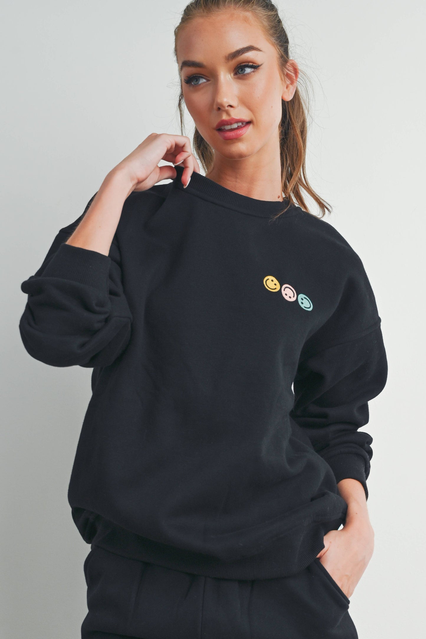 Smiley Embroidered French Terry Sweatshirt Black