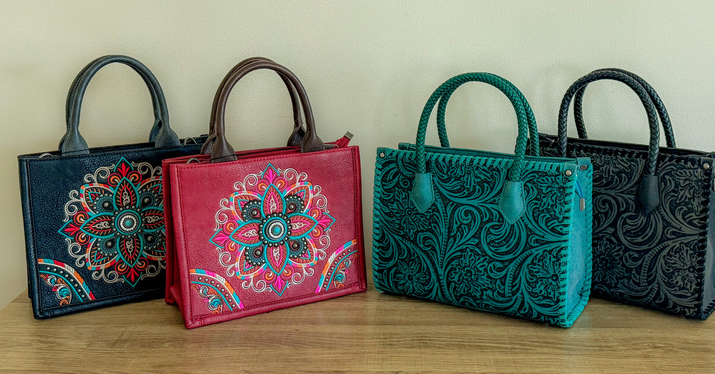 Mandala Carry Everywhere Purse Cranberry Satchel Tote with Strap