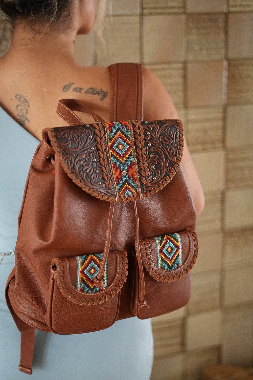boho leather backpack Aztec Inspired Vegan Tooled Leather Backpack in Wildlife Brown