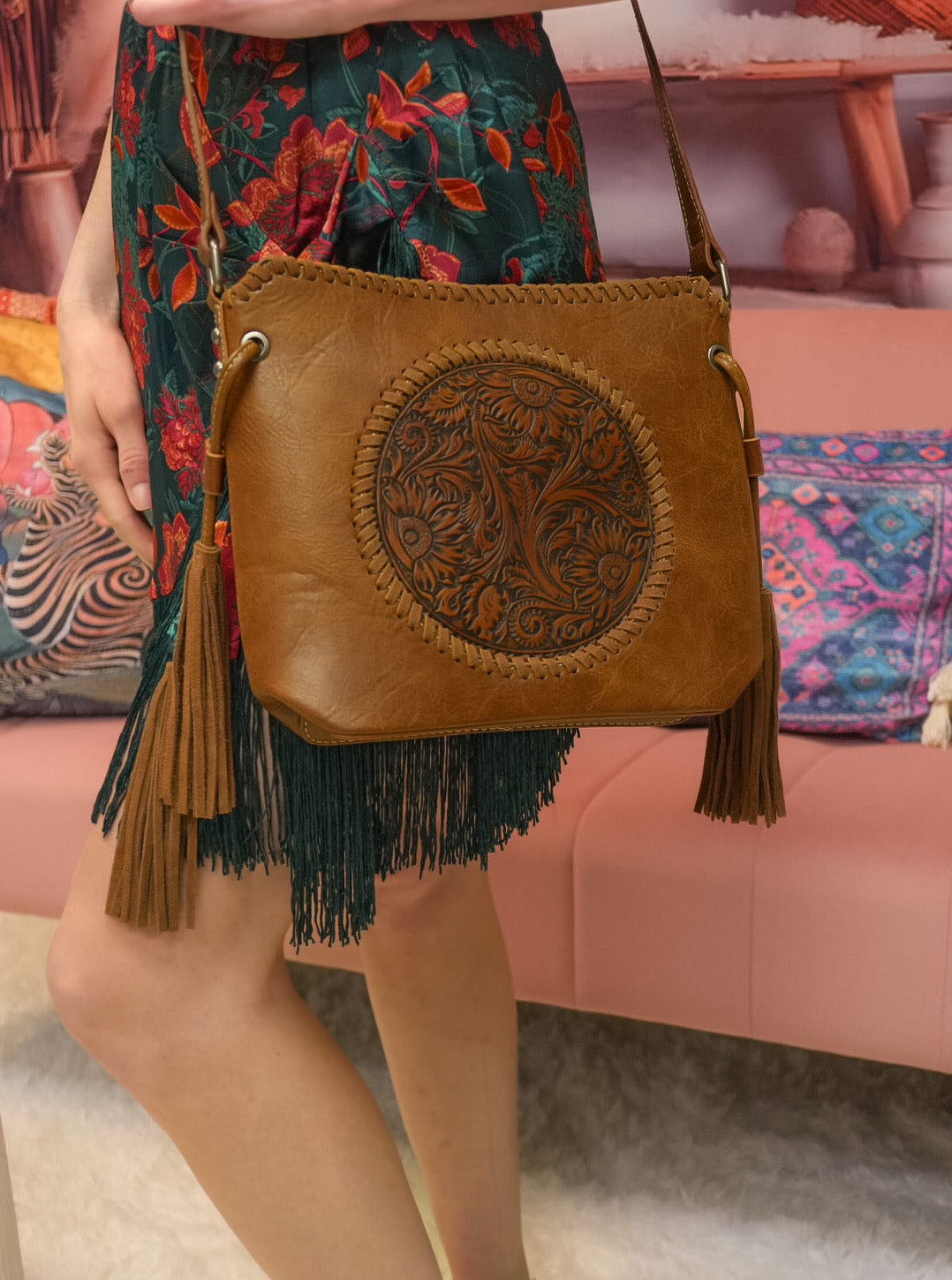 Tan Vegan leather embossed shoulder bag