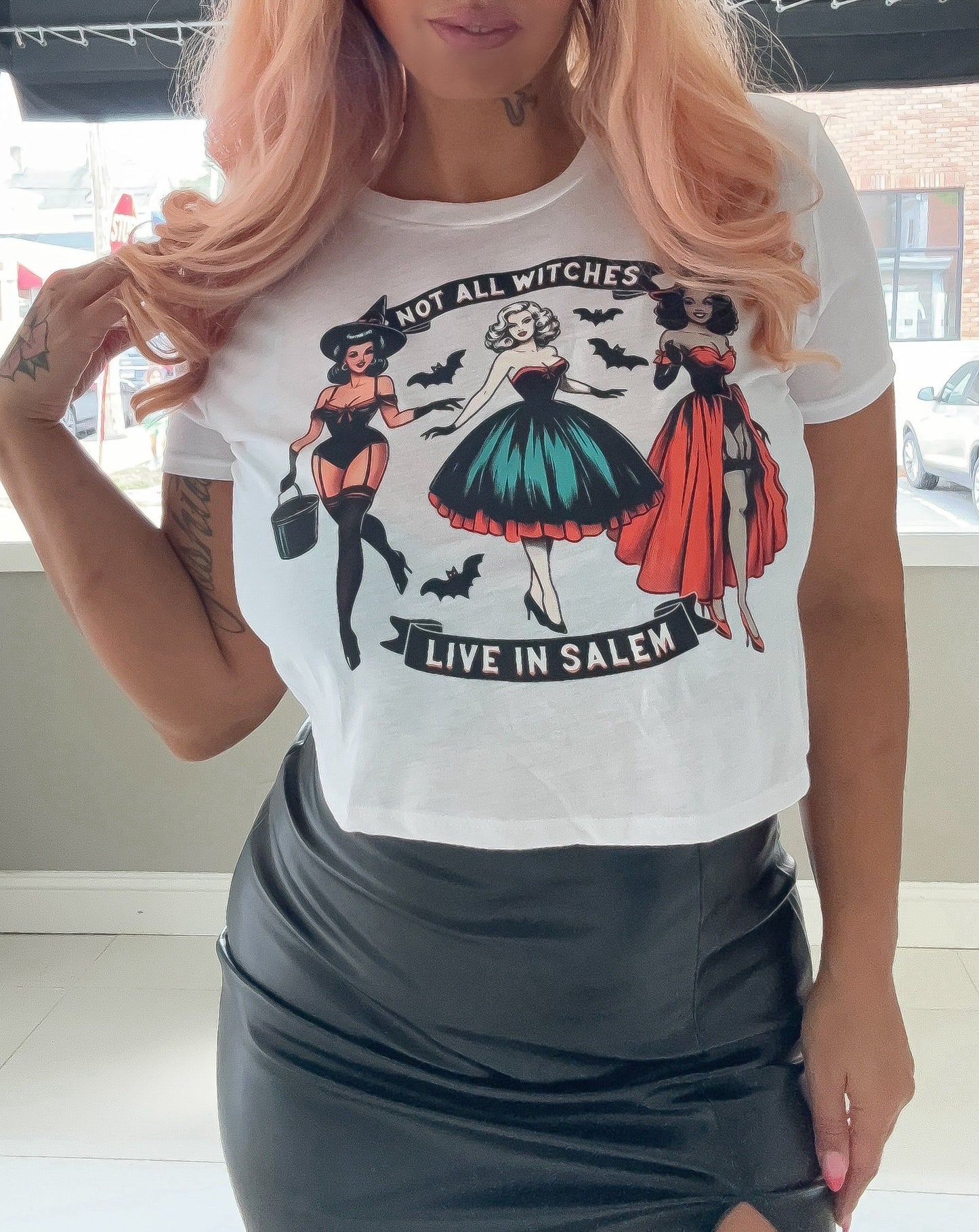 Not All Witches Live in Salem Cropped Halloween Graphic T-shirt NEW