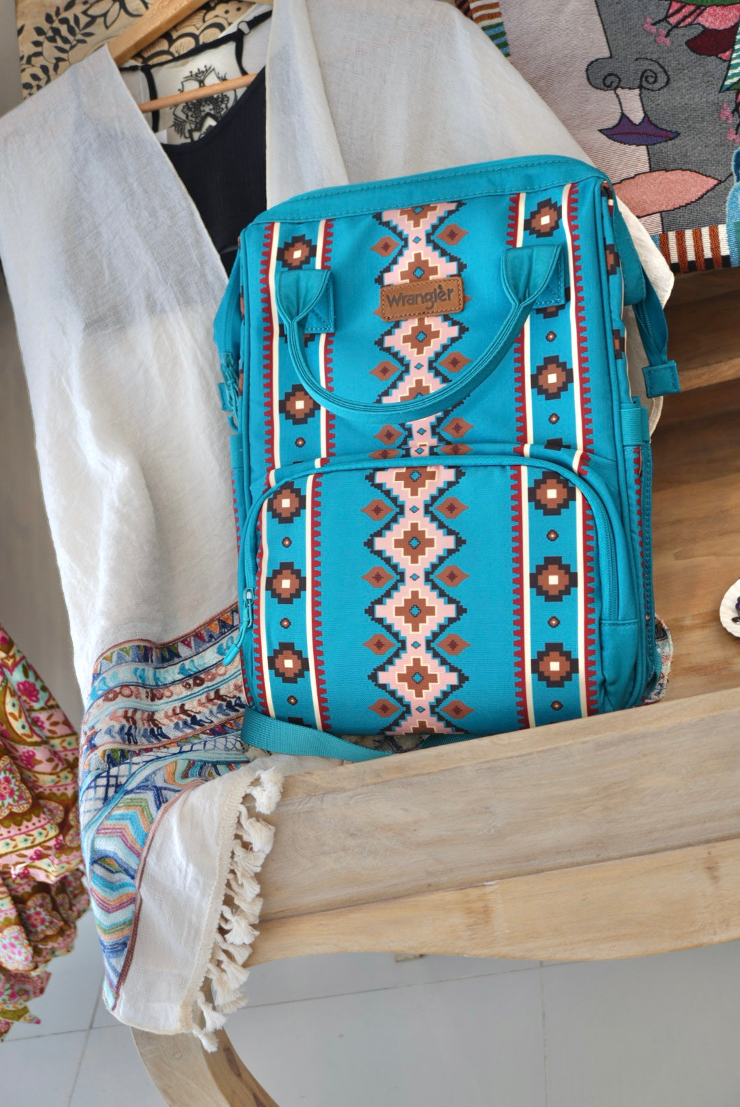 Wrangler Aztec Print Fabric Convertible Backpack in Turquoise