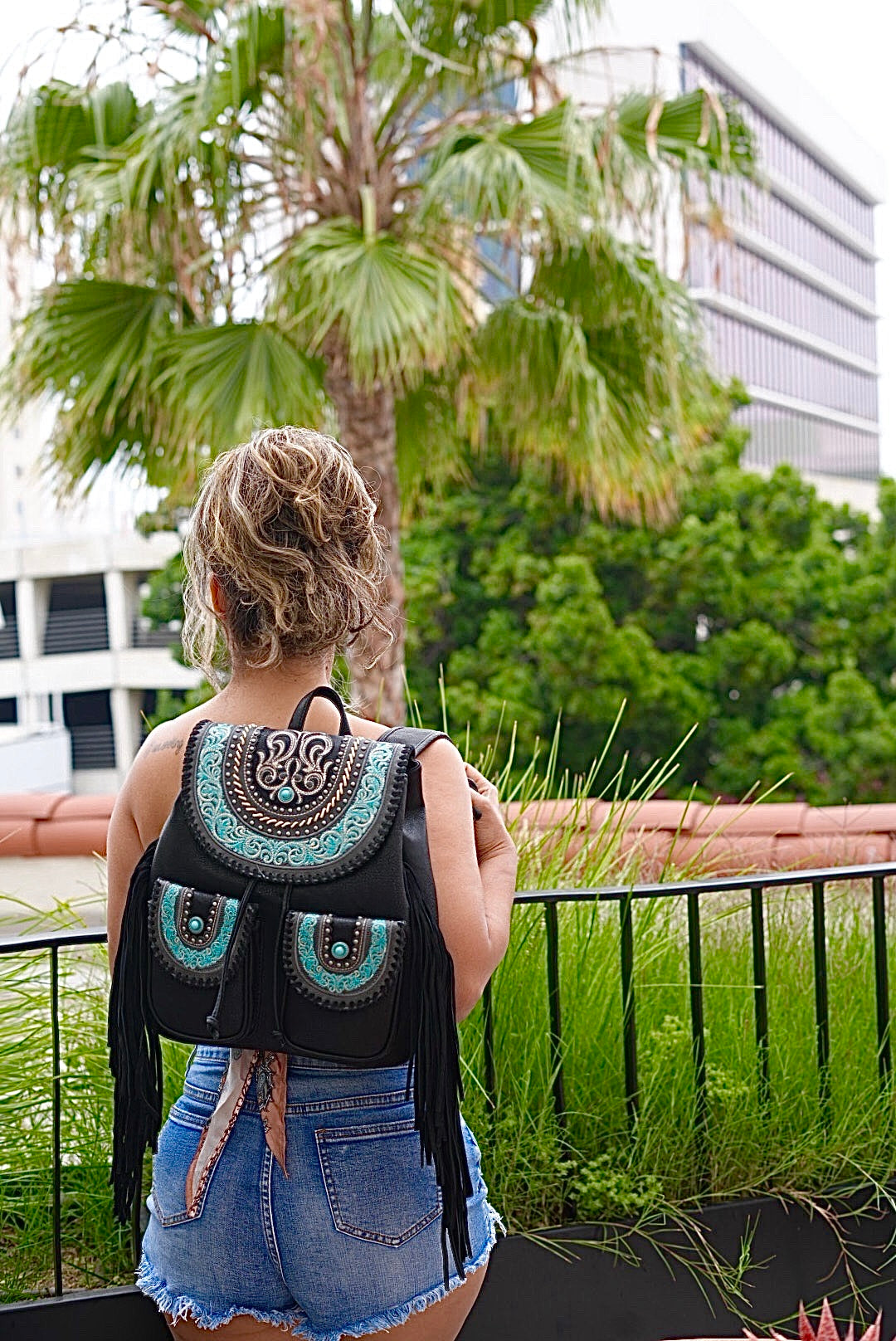 cowgirl trendy leather backpack Cowgirl Power Studded Vegan Leather Embroidered Fringe Backpack in Black/Aqua NEW