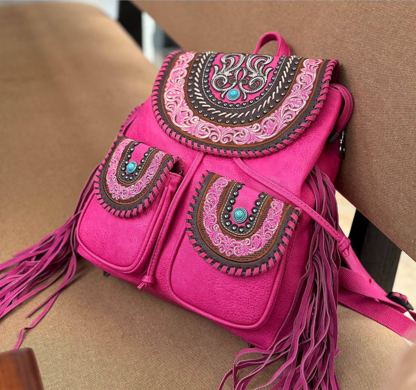 Celebrity Daytrip Studded Vegan Leather Embroidered Fringe Backpack in Sizzling Fuchsia NEW
