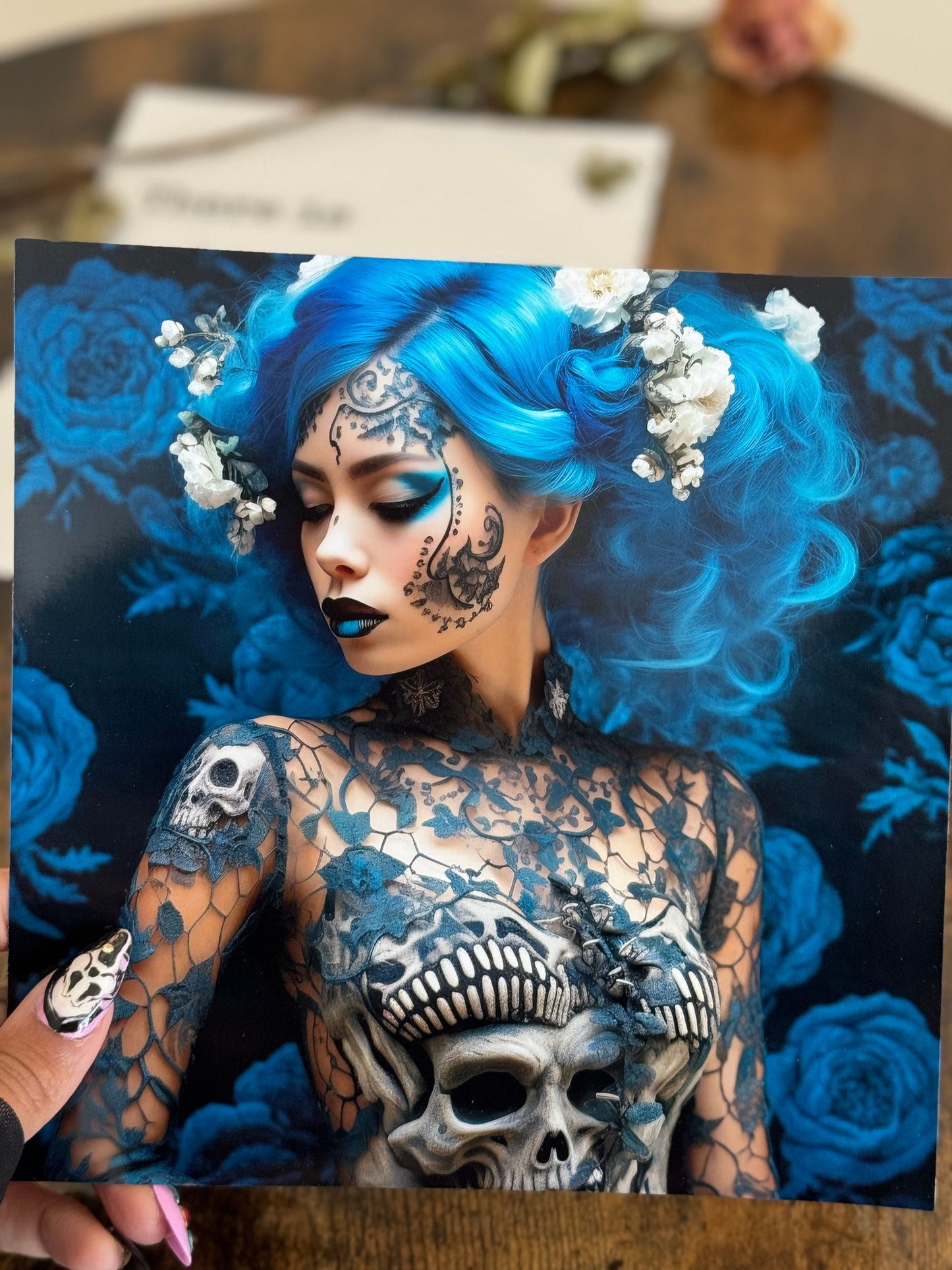 Emotional Sugar Skull Female Black Lace AI and Digital Drawing Art Print