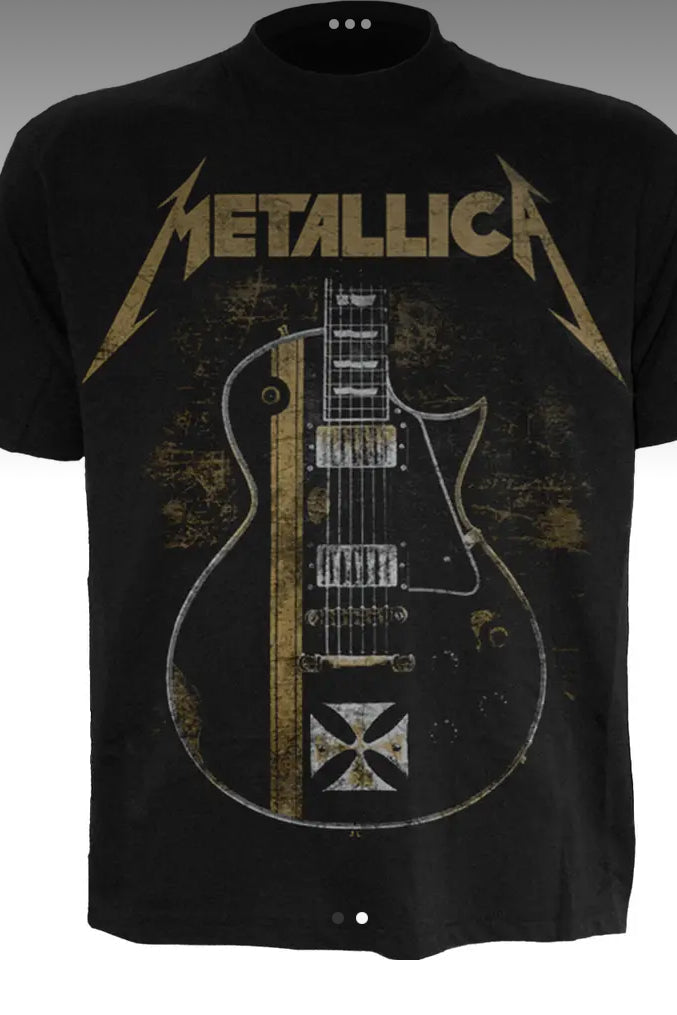A black Metallica band t-shirt with a graphic of a guitar and the band's name.