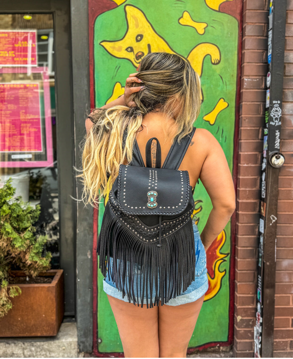 Turquoise Conch Studded Vegan Leather Fringe Backpack – AlyandJoshua