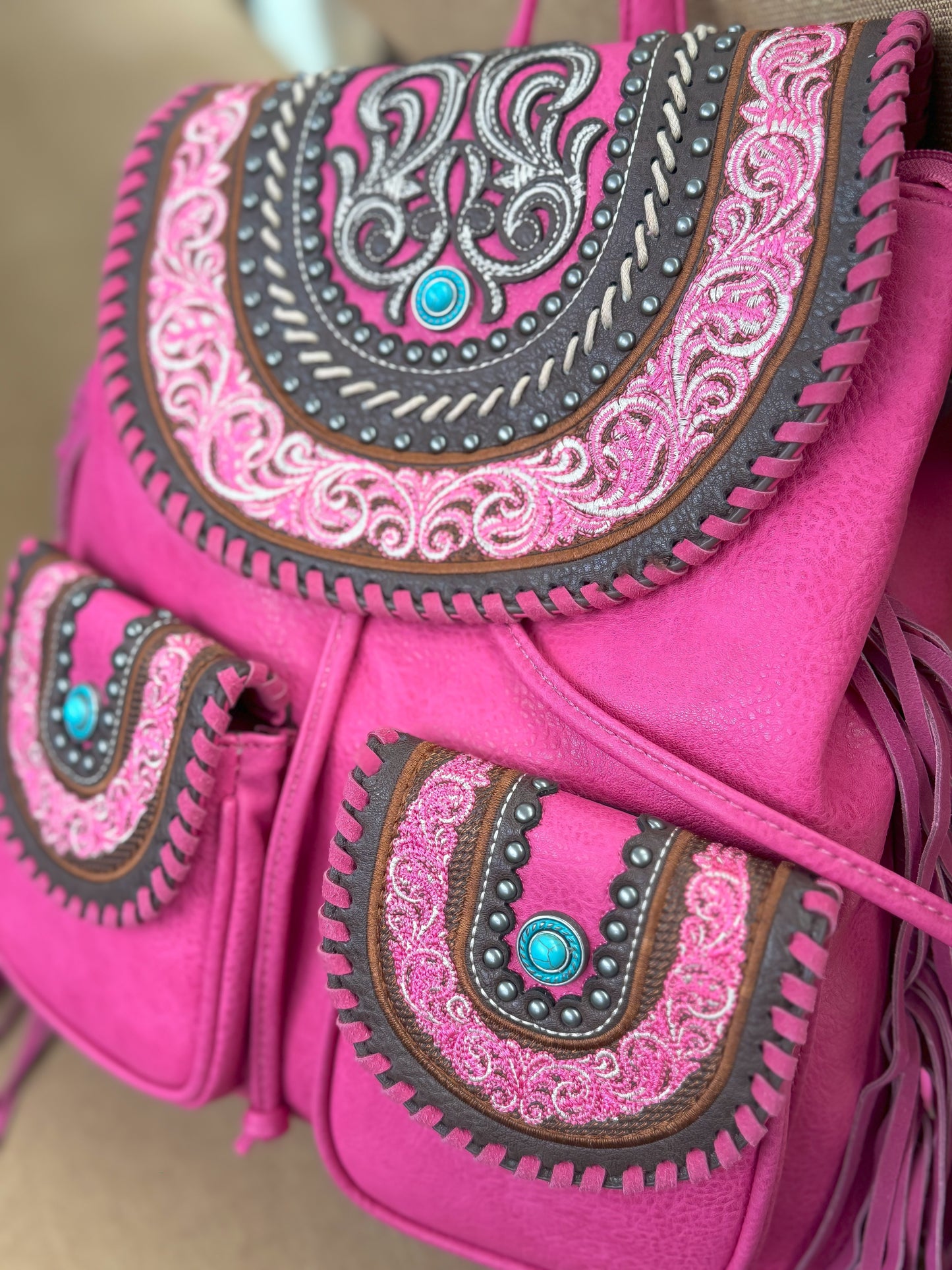 Celebrity Daytrip Studded Vegan Leather Embroidered Fringe Backpack in Sizzling Fuchsia NEW