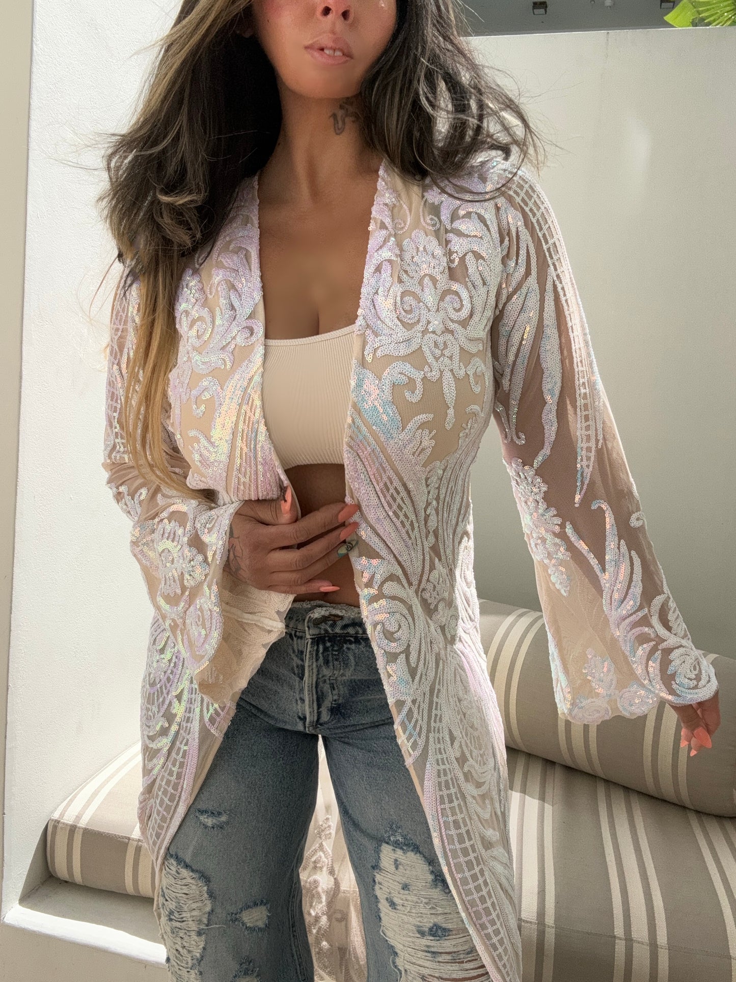 White sequin designer caftan duster jacket beach coverup