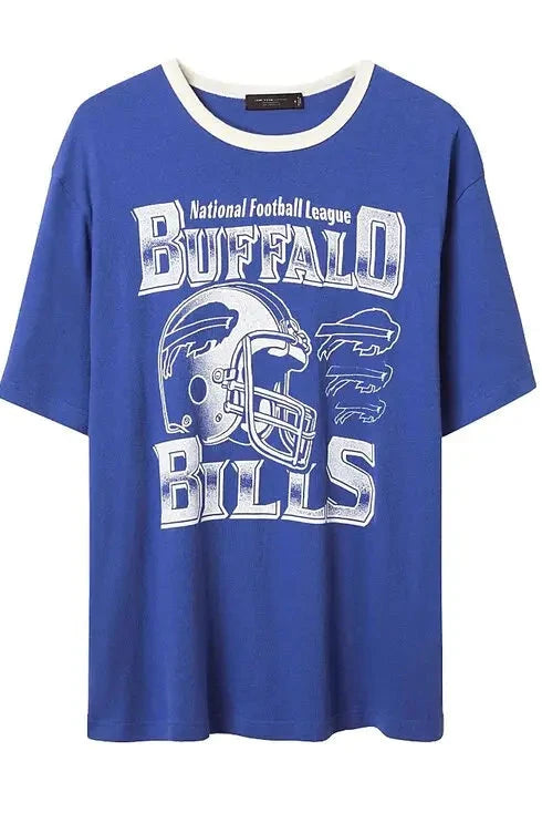 Blue t-shirt with Buffalo Bills logo on a white background