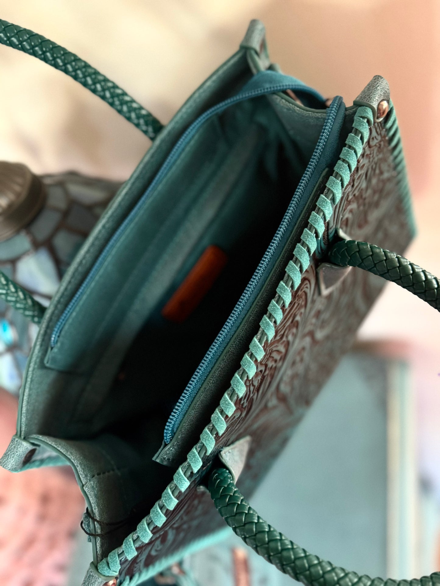 Robin Tooled Vegan Leather Satchel in Teal NEW