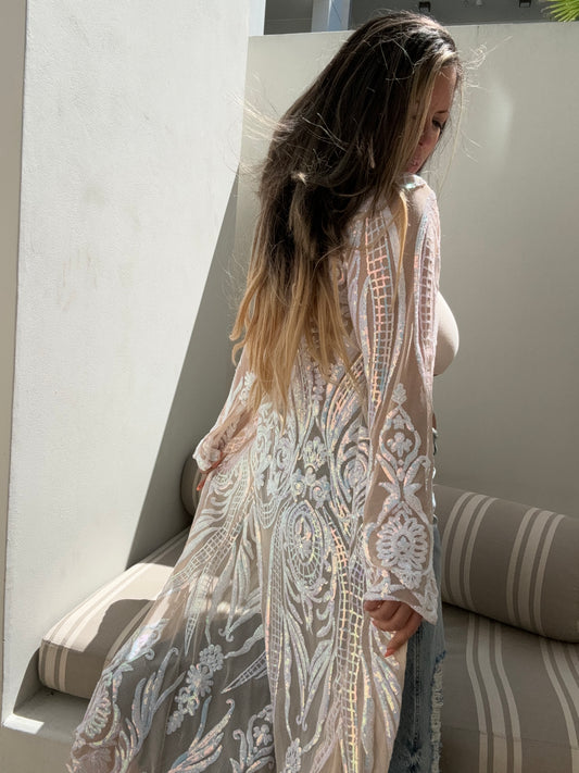 White nude sequin caftan duster jacket