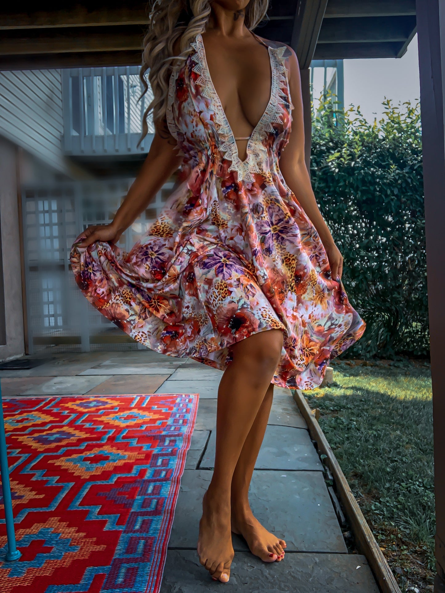 Thousand Sunsets Deep V Halter Dress