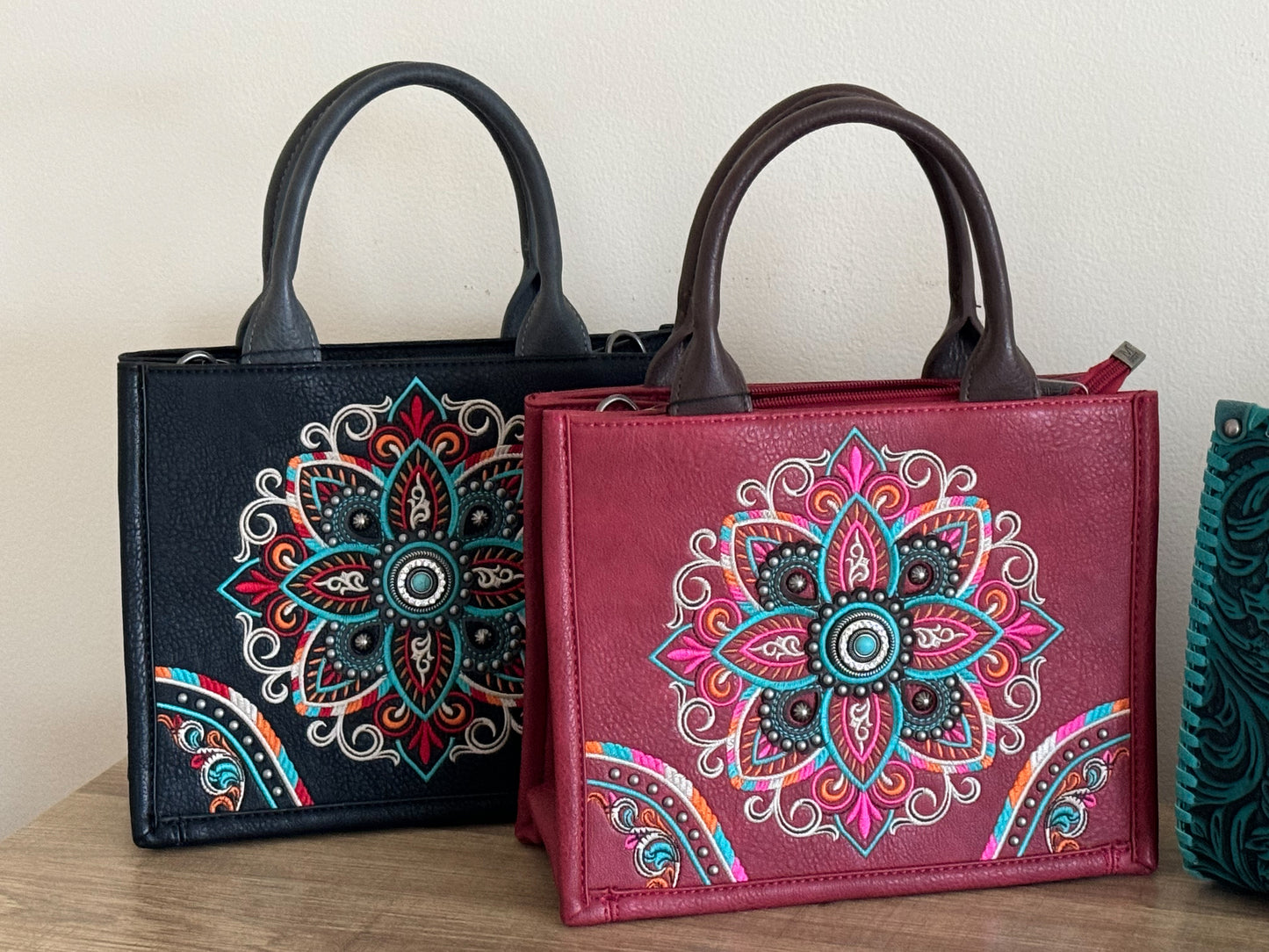 Mandala Carry Everywhere Purse Black Satchel Tote with Strap