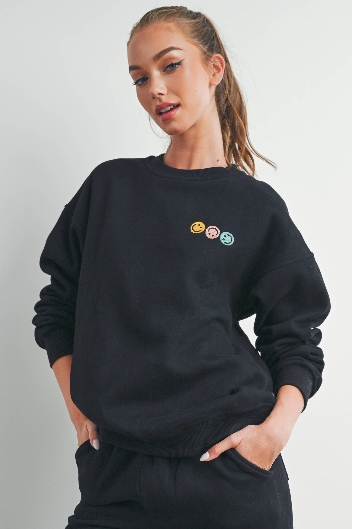 Smiley Embroidered French Terry Sweatshirt Black