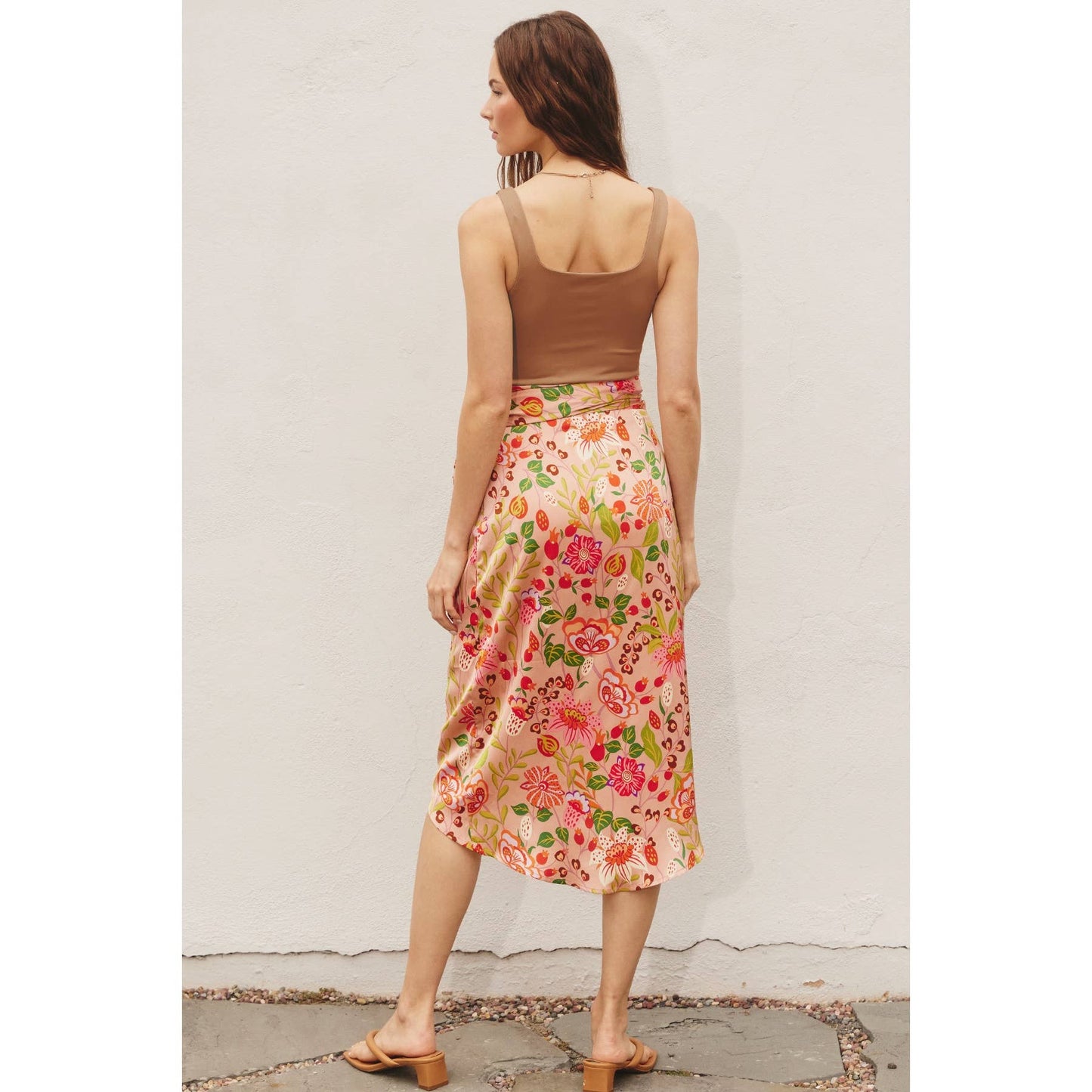 Floral Satin Tulip Wrap Midi Skirt