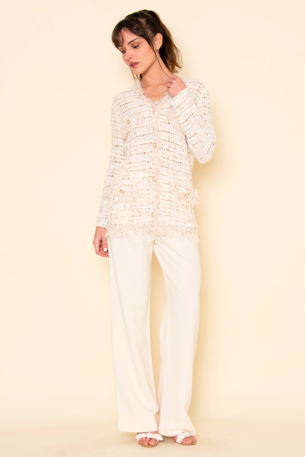 Freida Frayed Tweed Ribbon Pearl Cardigan