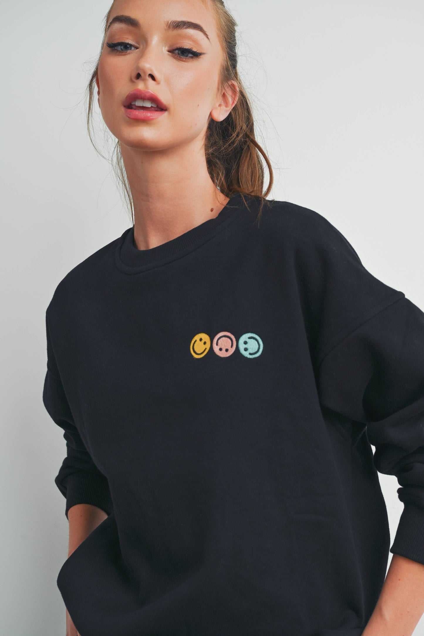 Smiley Embroidered French Terry Sweatshirt Black