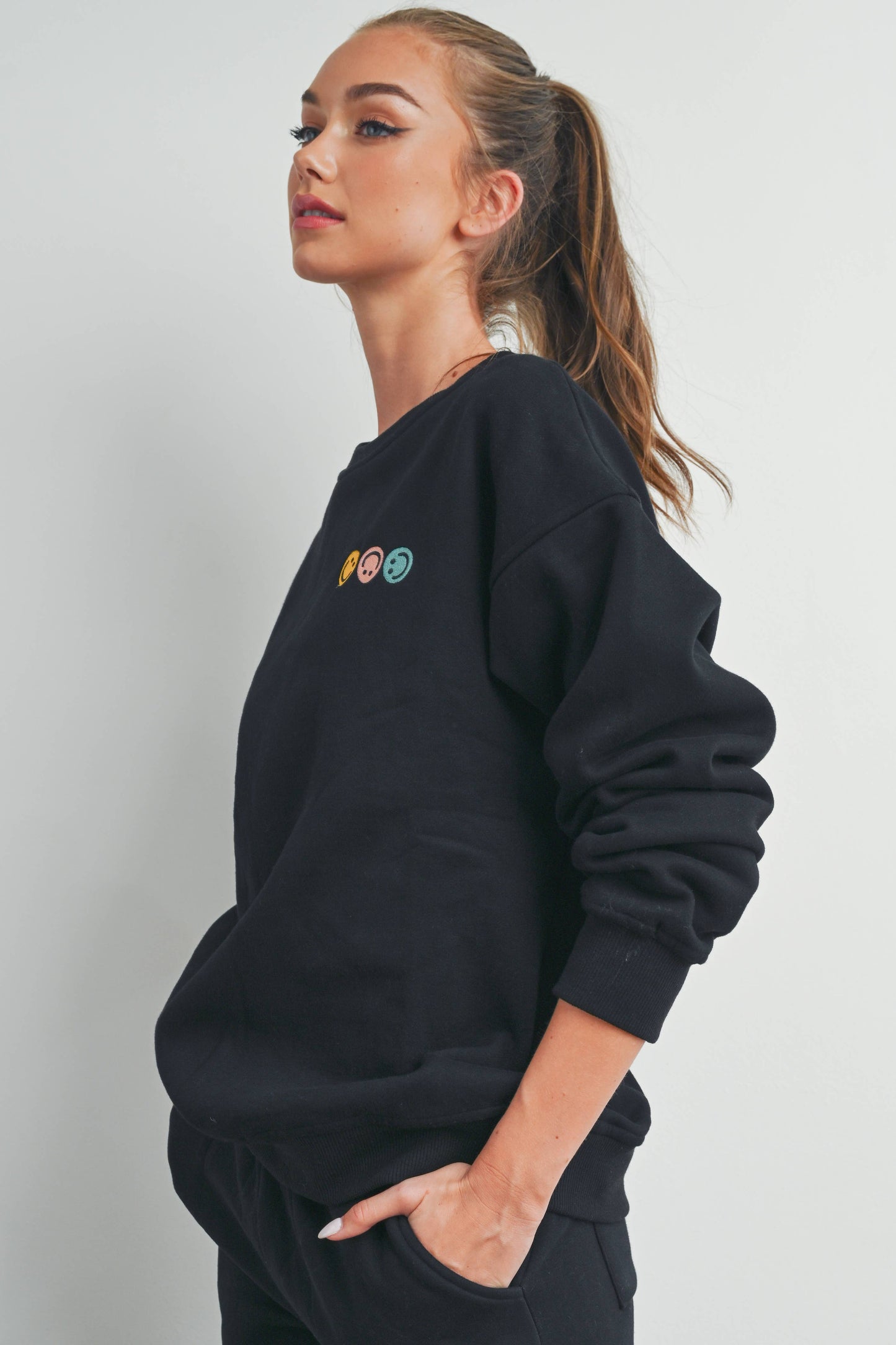 Smiley Embroidered French Terry Sweatshirt Black