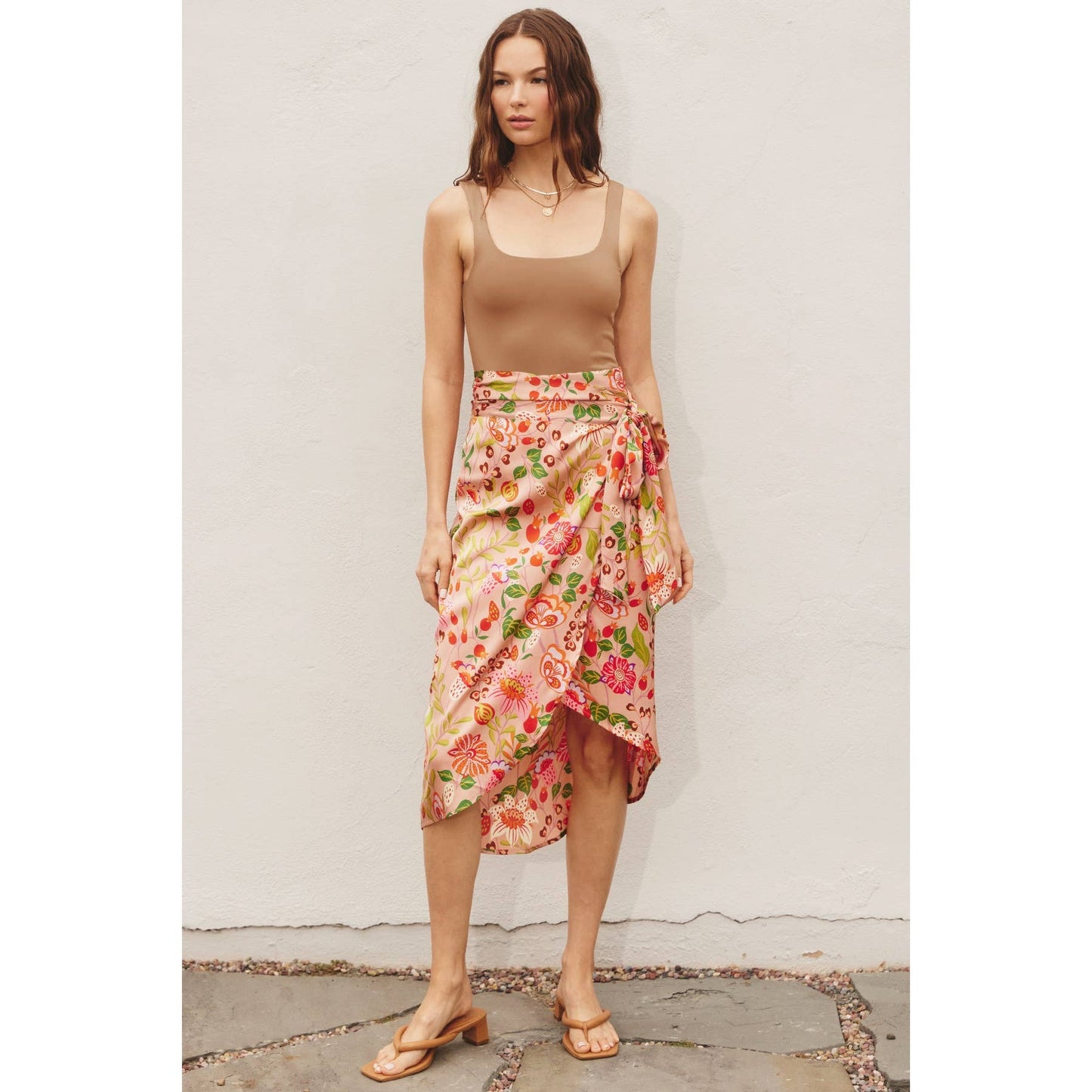 Floral Satin Tulip Wrap Midi Skirt