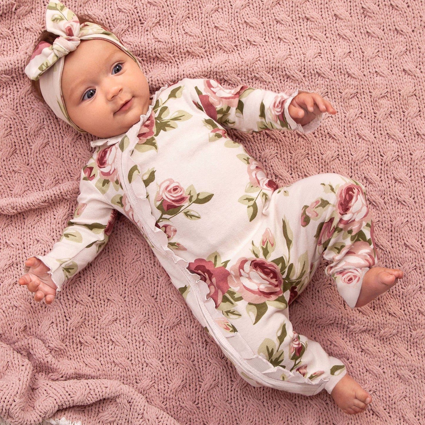 Baby Rose Print Ruffled Cotton Romper