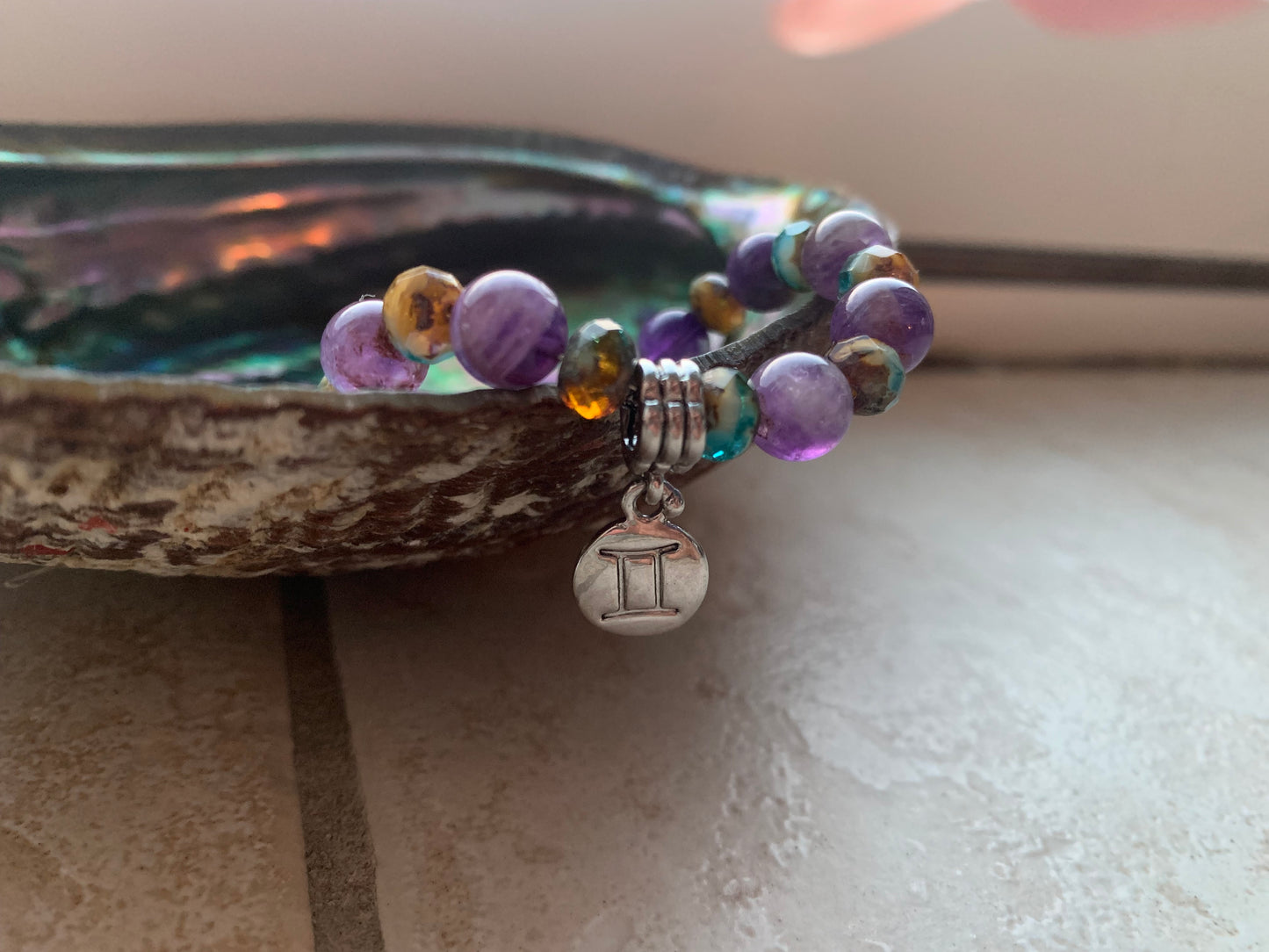 Gemini Zodiac Rhodium Plated Semiprecious Charm Bracelet with Birthstone