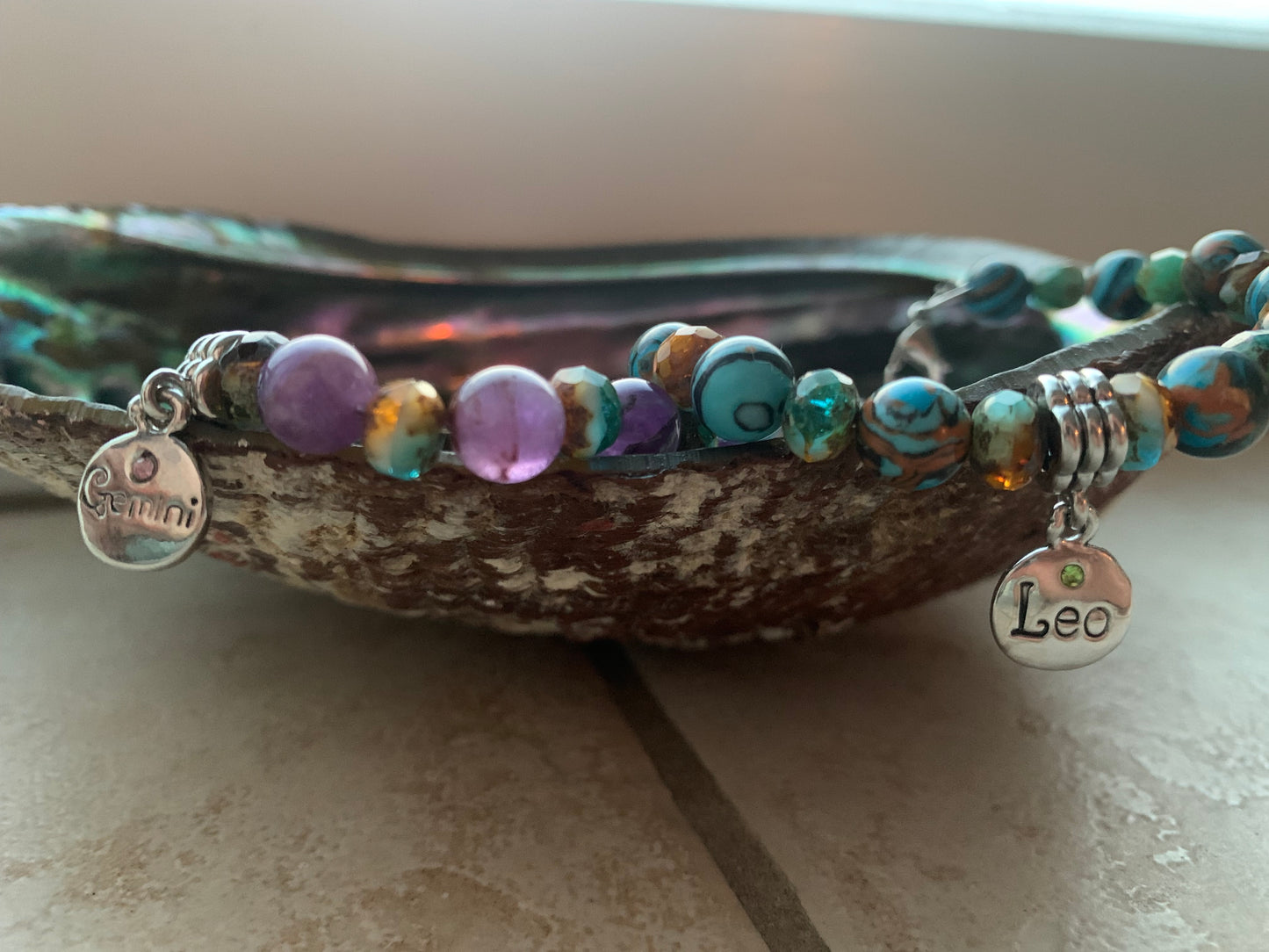 Gemini Zodiac Semiprecious Rhodium Plated Charm Bracelet with Birthstone