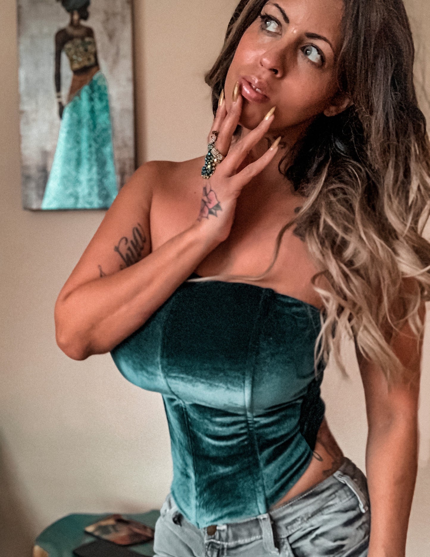 Amara Corset Top in Teal Velvet