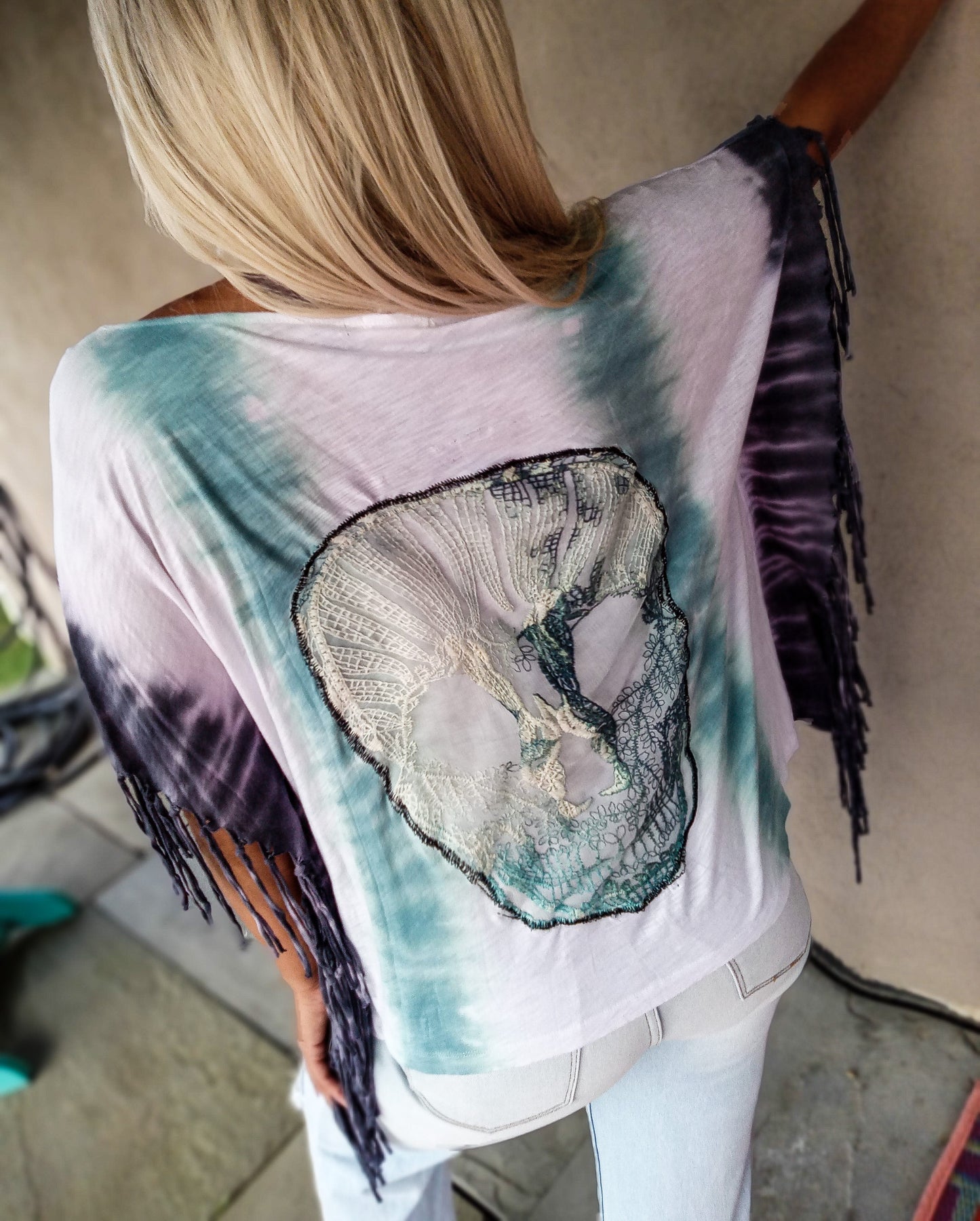 Festy Fringe Skull Back Top - Grey/Sky Tie Dye