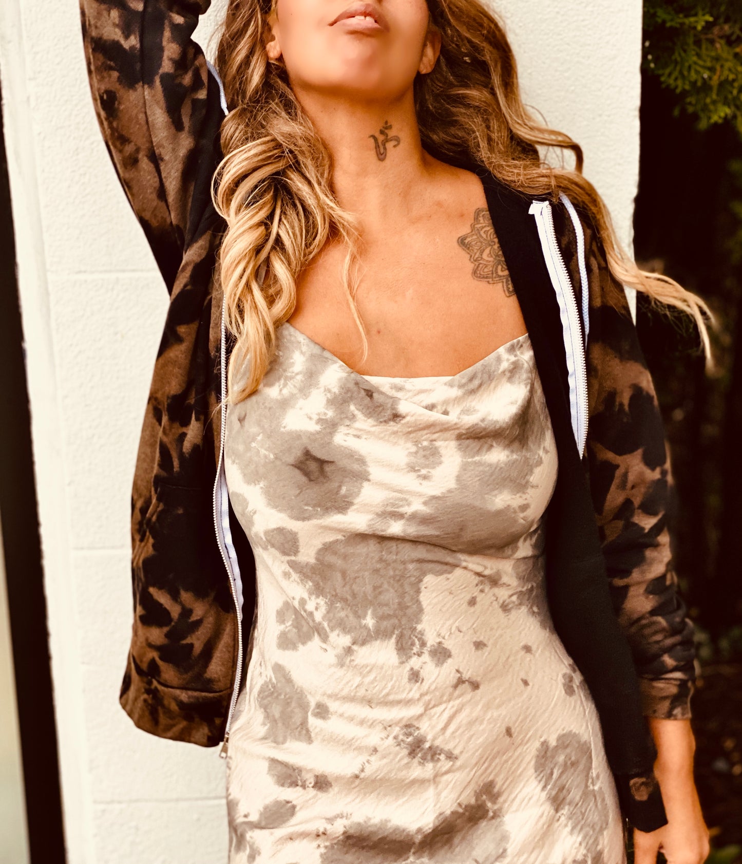 Seduction Tie Dye Satin Slipdress - Grey/Beige