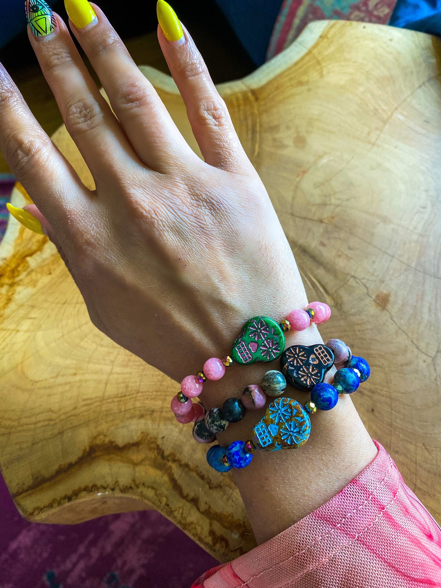 Daydream Green Sugar Skull Bracelet w/ Pink Beads