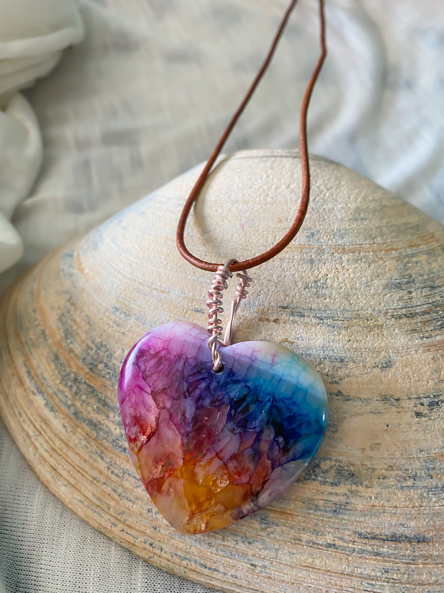 Chameleon Multicolor Rainbow Heart Agate Necklace w/ Interchangeable Chain