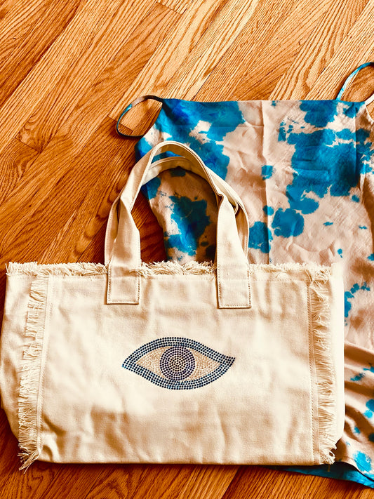 Sparkle Eye Canvas Tote Bag in Beige