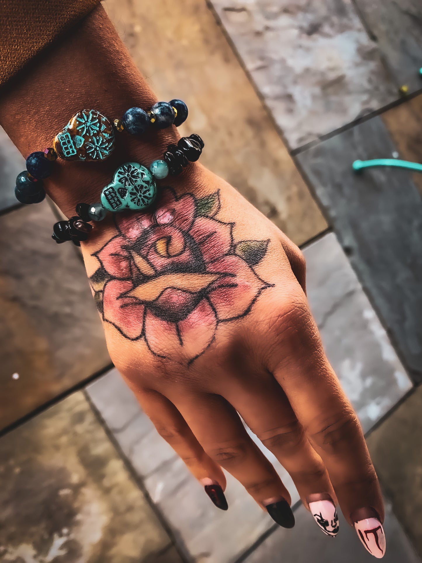 Sugar Skull Drama Beaded Wire Bracelet in Turquoise and Black