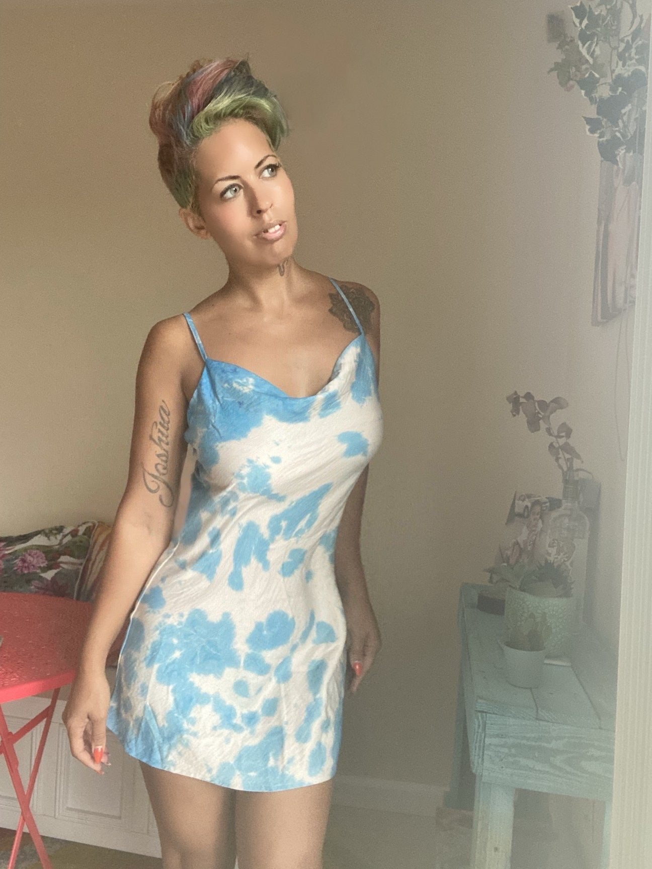 blue satin dress tie dye