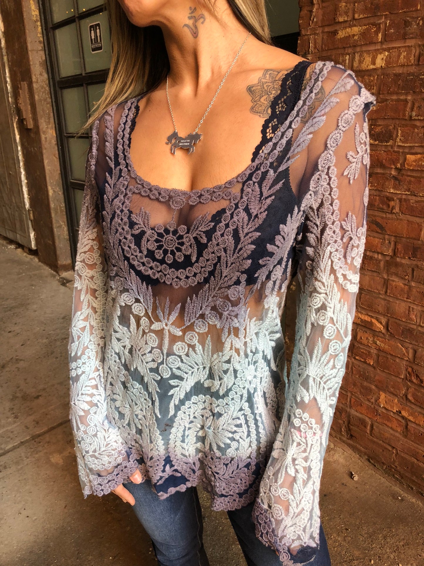 Sugar Skull Hand Dyed Lace Ombre Tunic/Sky Blue Black