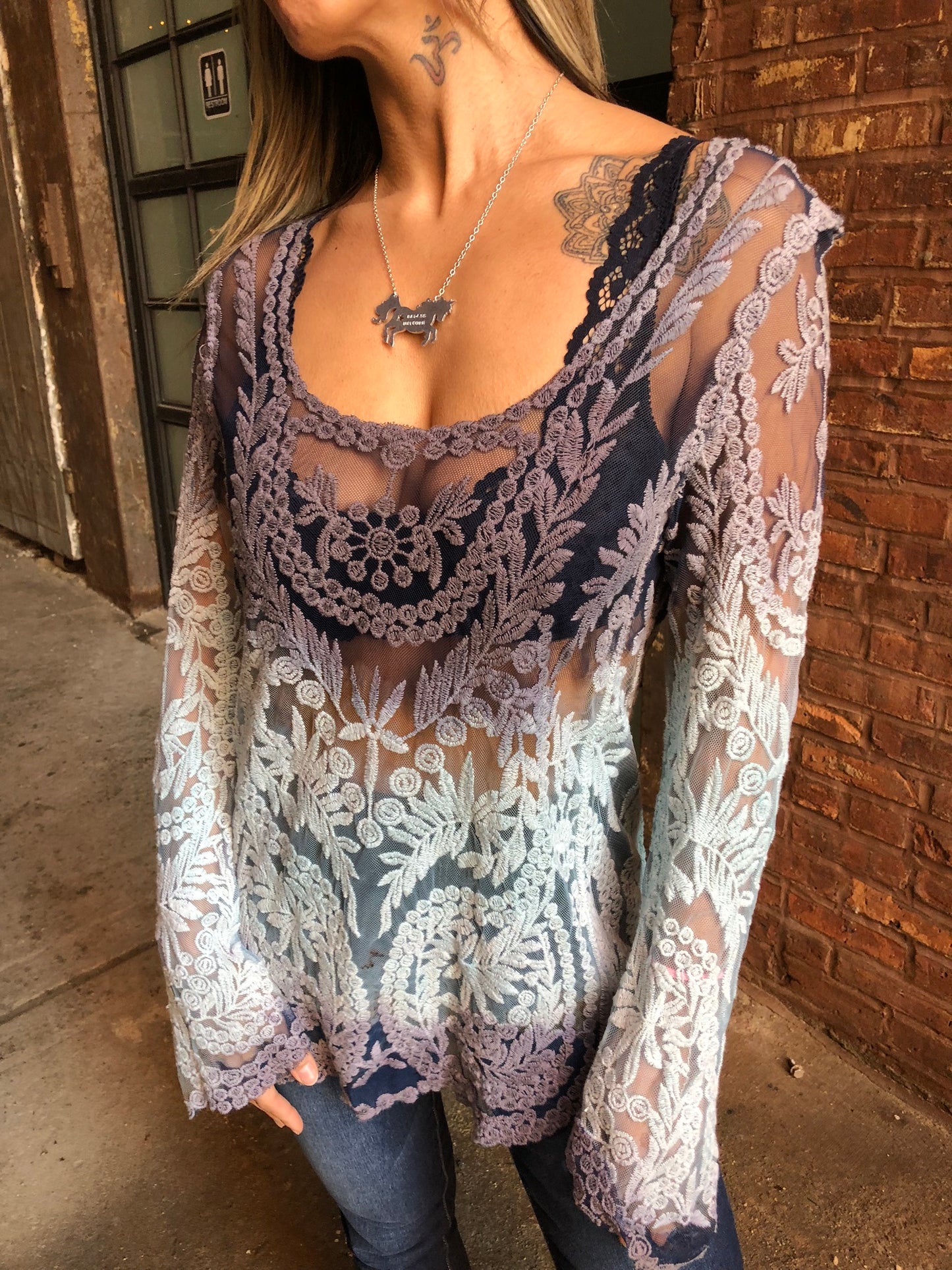 Sugar Skull Hand Dyed Lace Ombre Tunic - Sky Blue Black