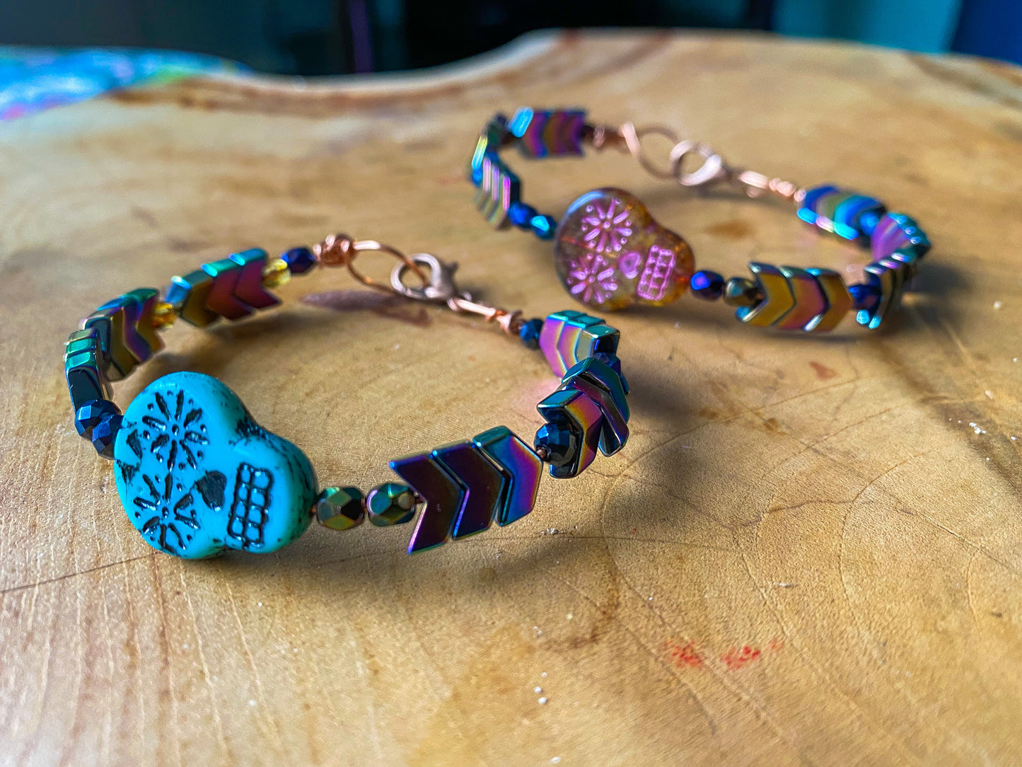 Sugar Skull Blue Rainbow Prism Arrow Bracelet in Memory Wire