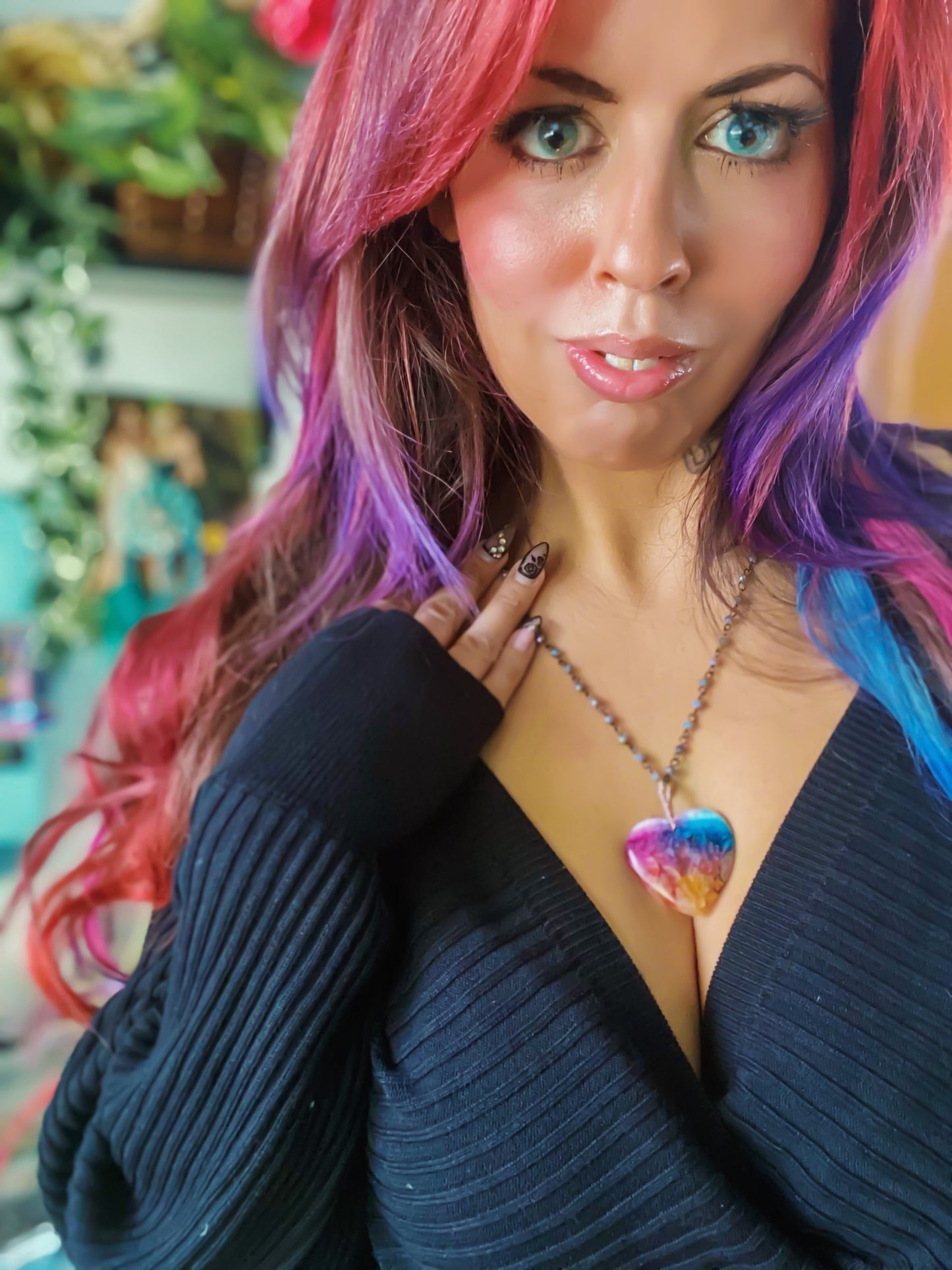 Chameleon Multicolor Rainbow Heart Agate Necklace w/ Interchangeable Chain