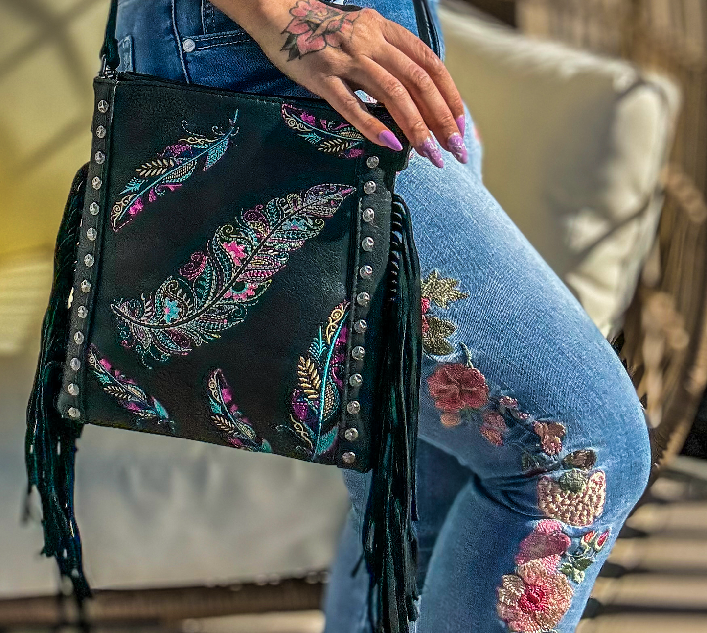 Free Spirit Embroidered Feather Fringe Crossbody Purse in Black/Multi