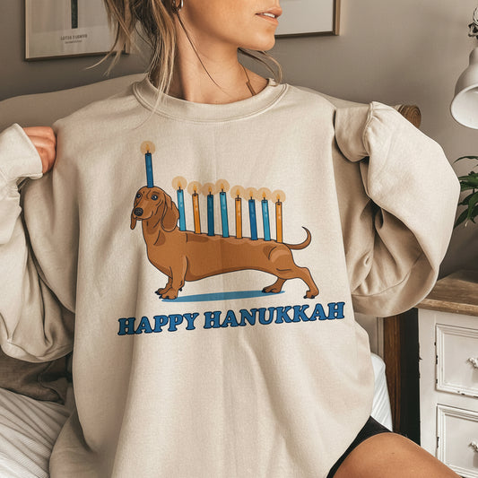 Dachshund Dog Menorah Hanukkah Crewneck Sweatshirt