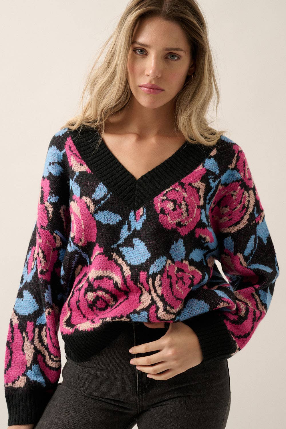 Romantic Rose Floral V Neck Sweater Multi Pink