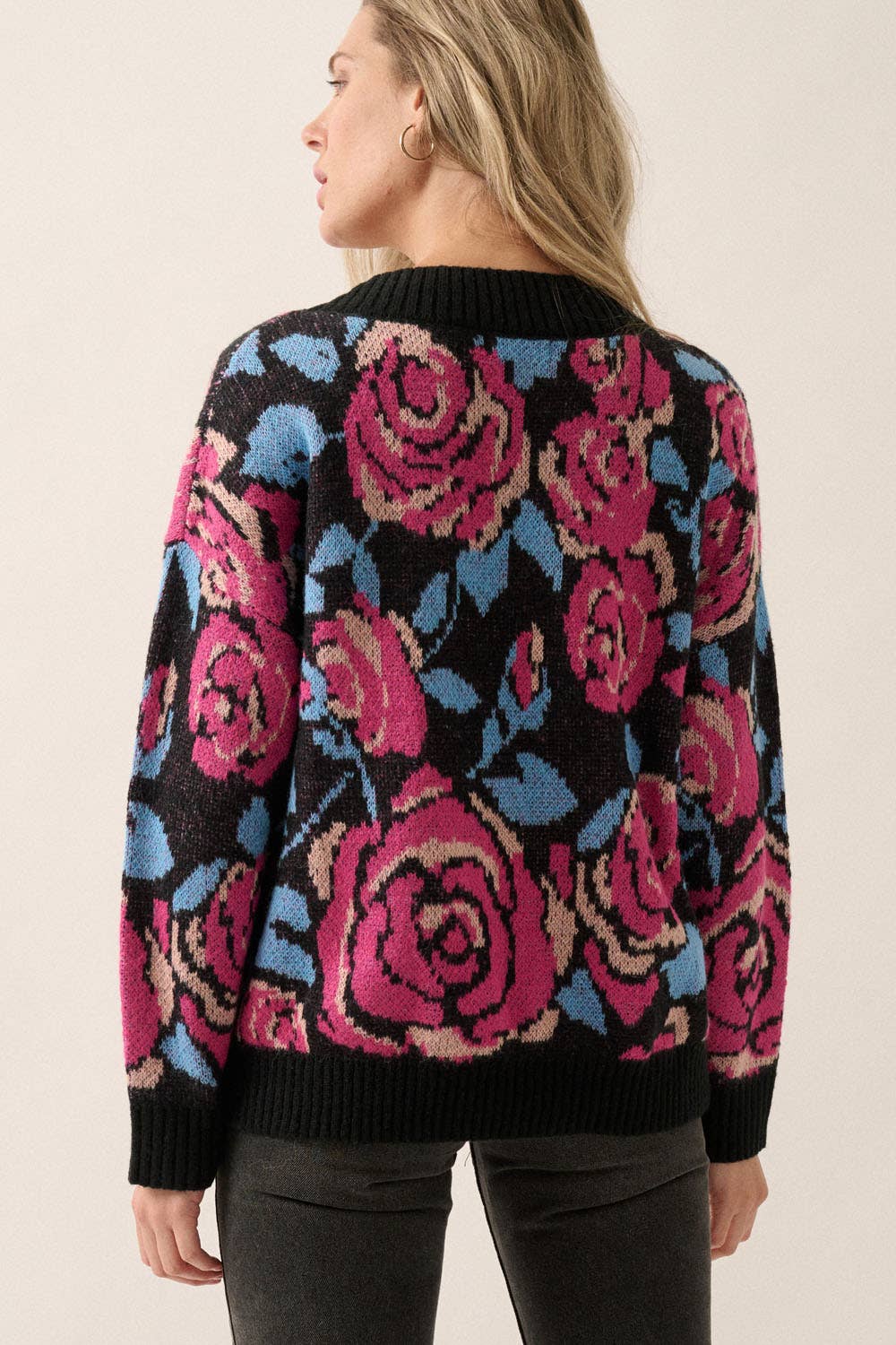 Romantic Rose Floral V Neck Sweater Multi Pink