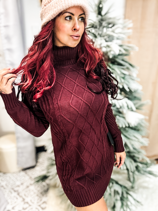 Cozy Cable Knit Sweaterdress in Cranberry