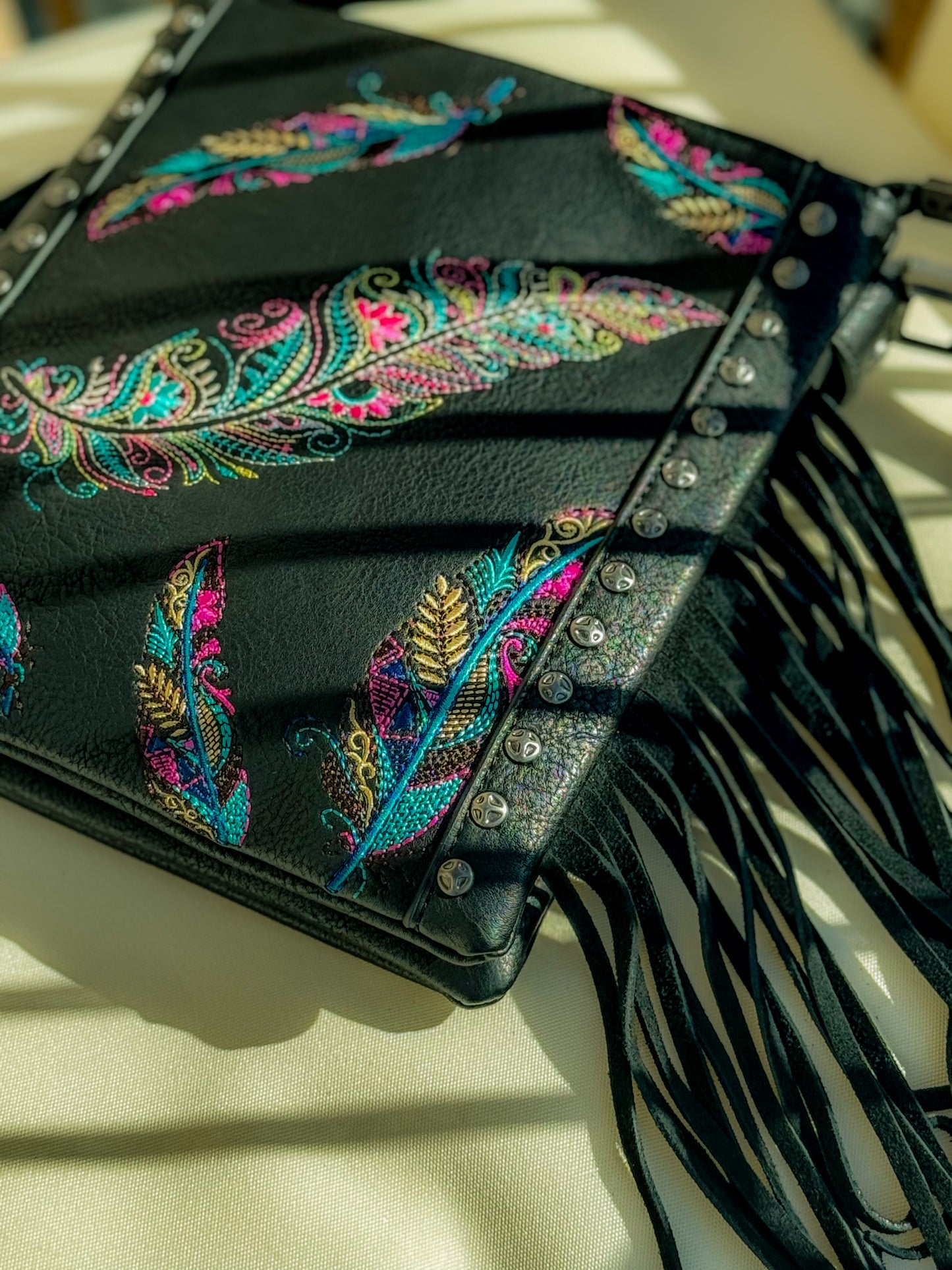 Free Spirit Embroidered Feather Fringe Crossbody Purse in Black/Multi