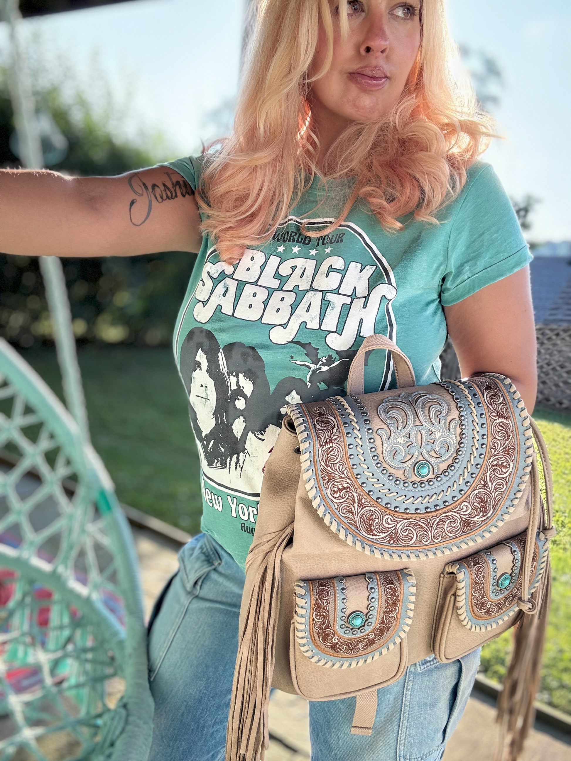 celebrity leather backpack Celebrity Daytrip Studded Vegan Leather Embroidered Fringe Backpack in Turquoise Oat NEW